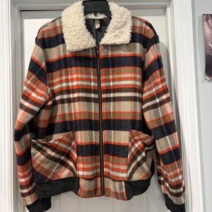 Plaid Zip Up Jacket with Fuzzy Collar